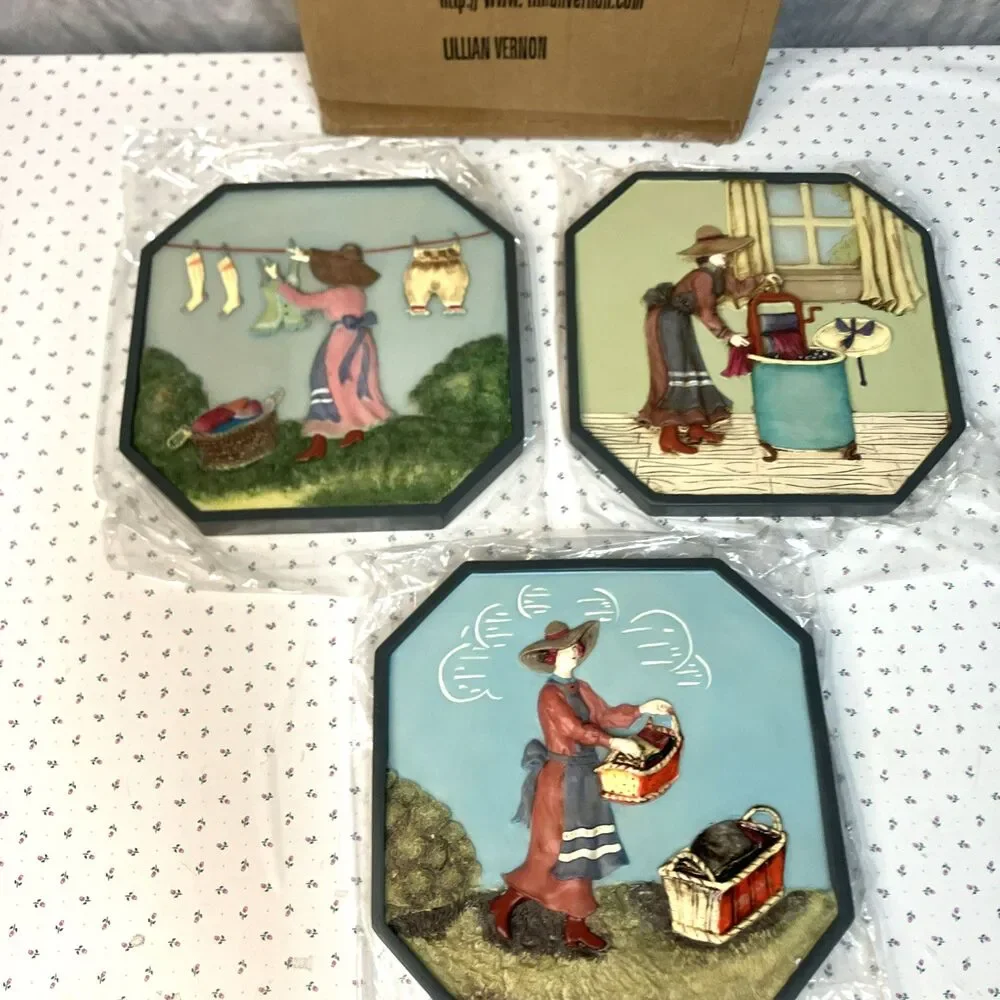 New Set of 3 Lillian Vernon Resin Laundry Plaques Wall Art 3D Raised Design